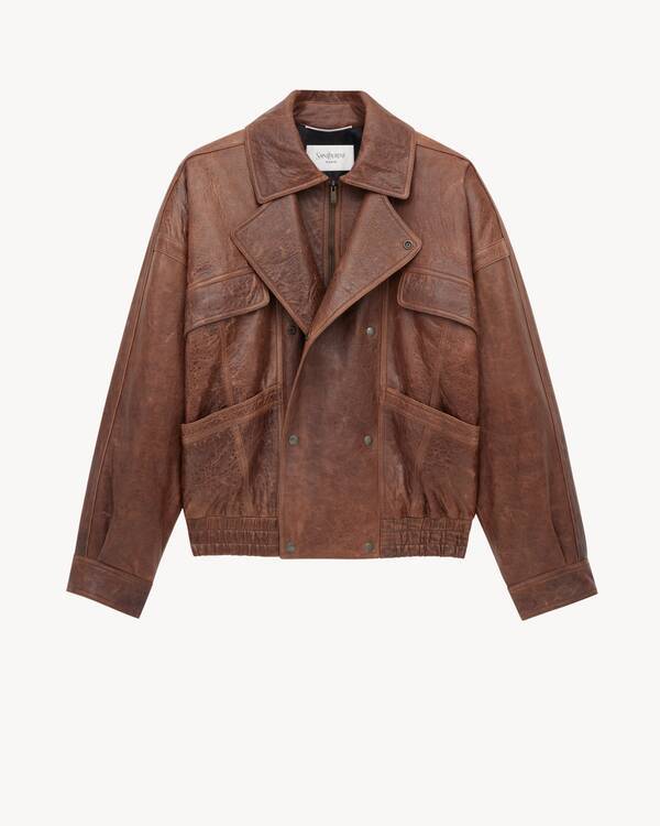 Saint Laurent Leather Jacket With Collared Design And Pockets In Brown