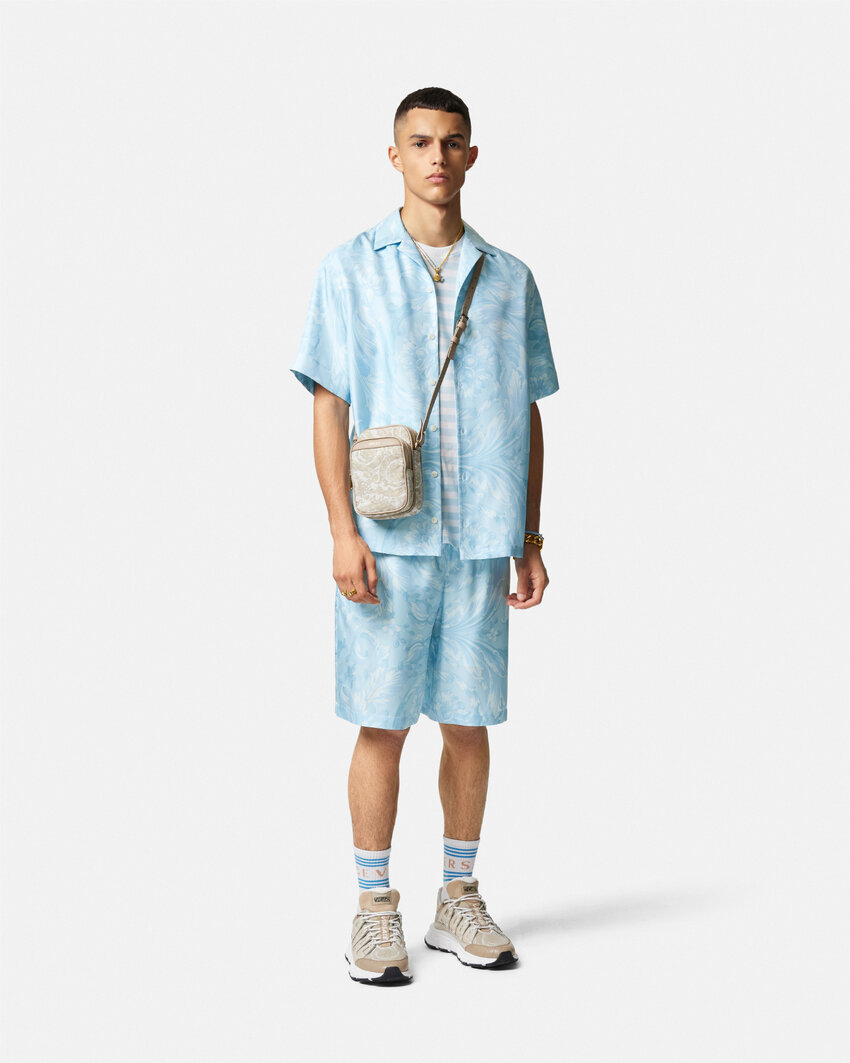 Versace Barocco Print Silk Shorts In Blue