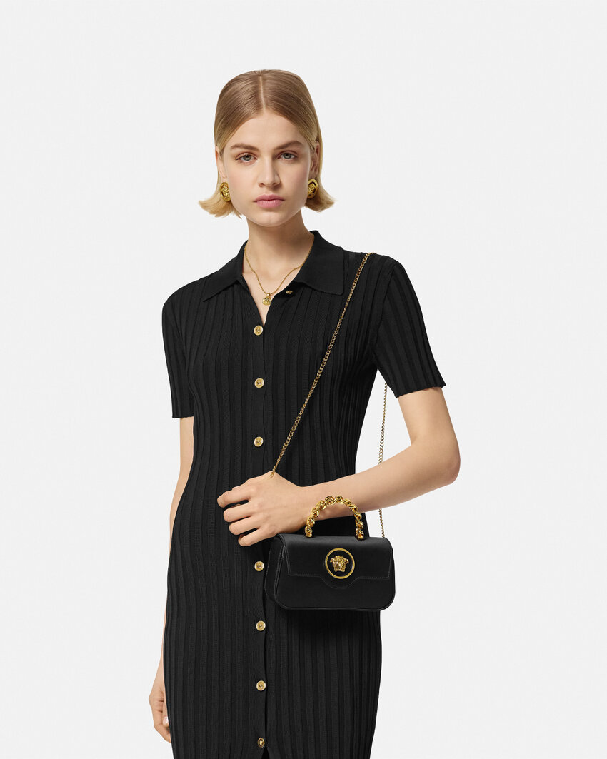 Versace La Medusa Small Satin Top Handle Bag In Black