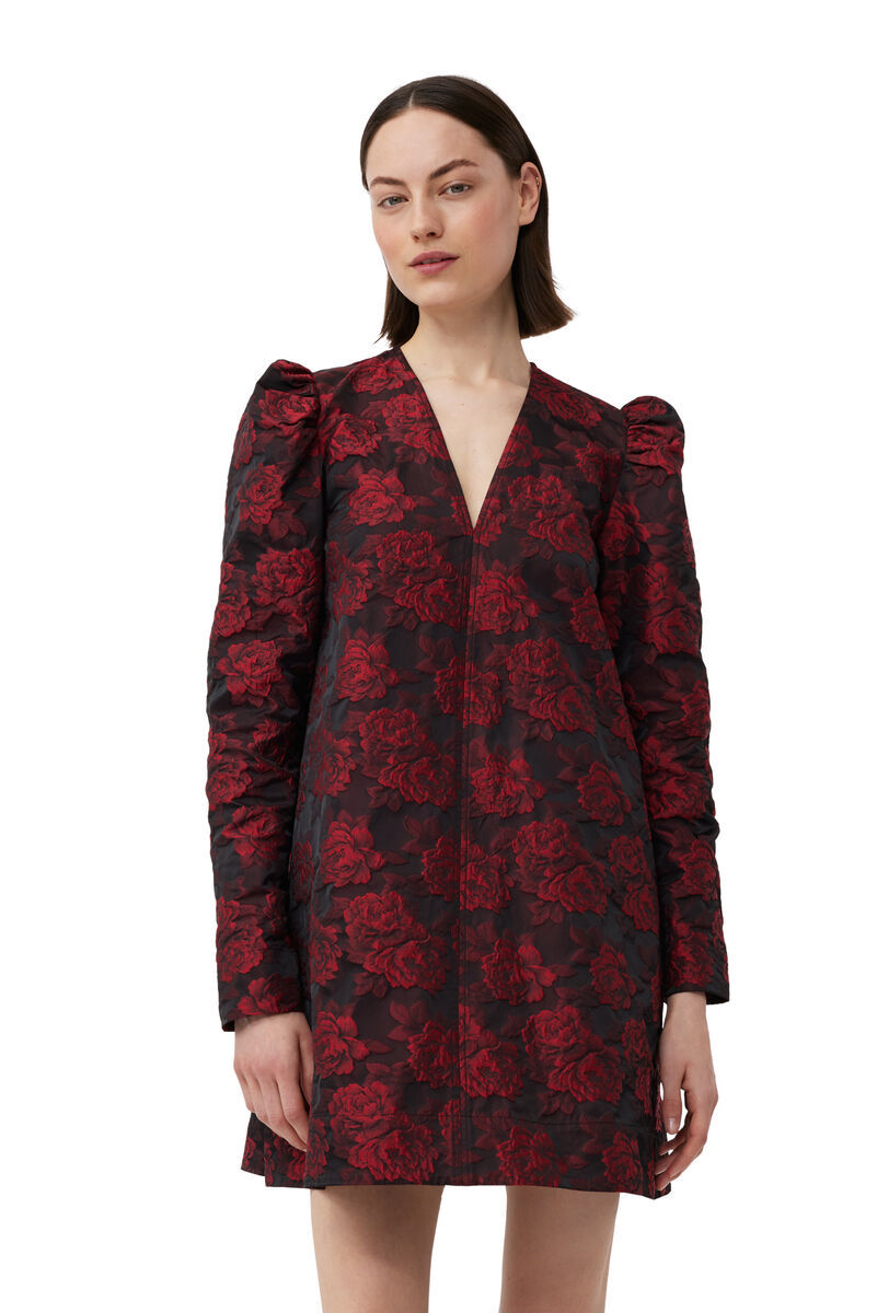 Ganni Botanical-print Jacquard Long-sleeve Minidress In Brown