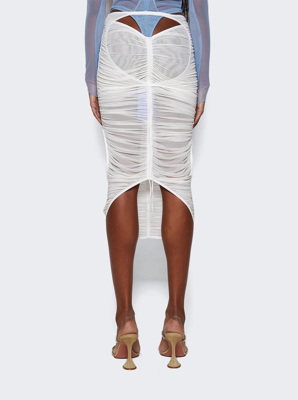 Mugler Mesh Ruched Midi Skirt In White