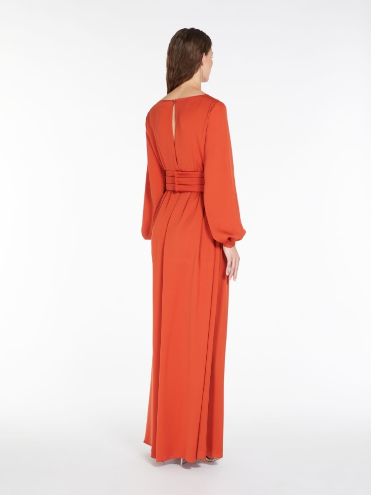 Max Mara Silk Maxi Dress With Decorative Cuffs And Waist Belt In Orange