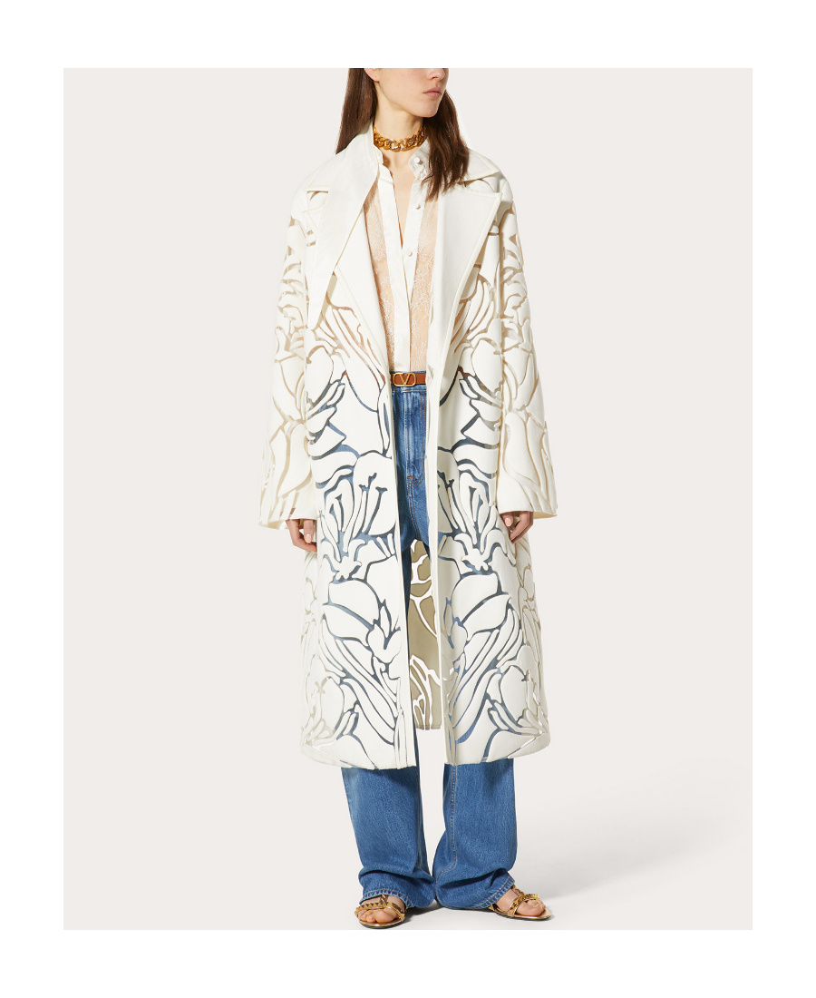 Valentino Flower Hollow Wool Coat In White