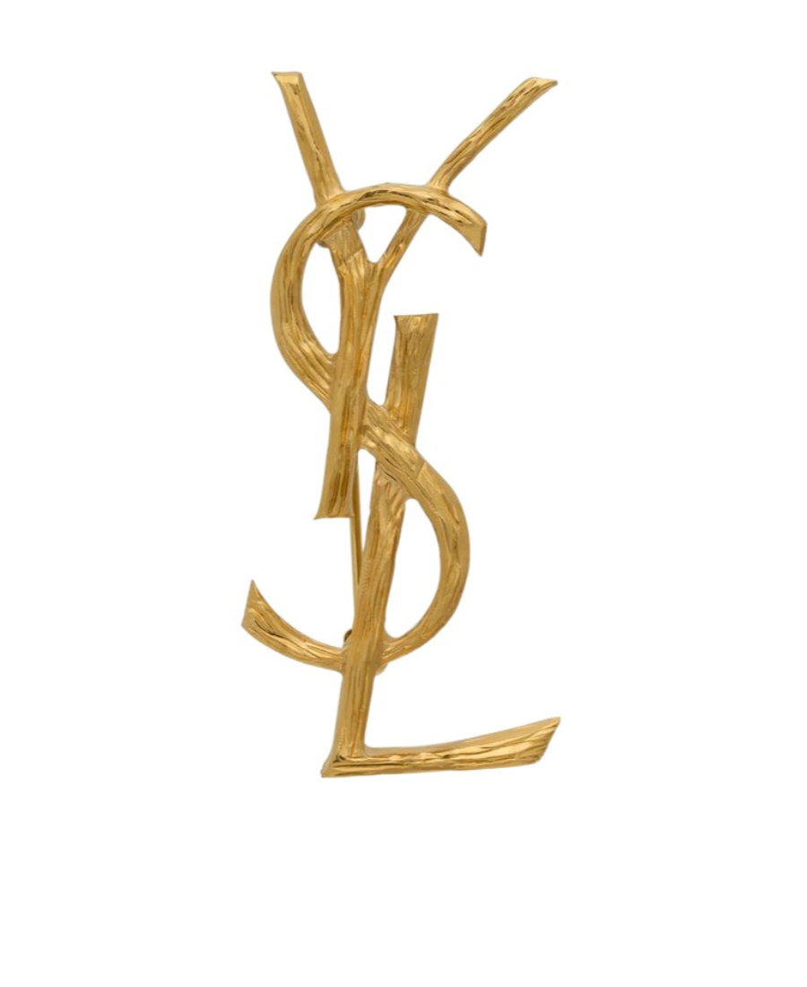 Saint Laurent Cassandre Metal Brooch With Engraved Texture Accessories In Yellow