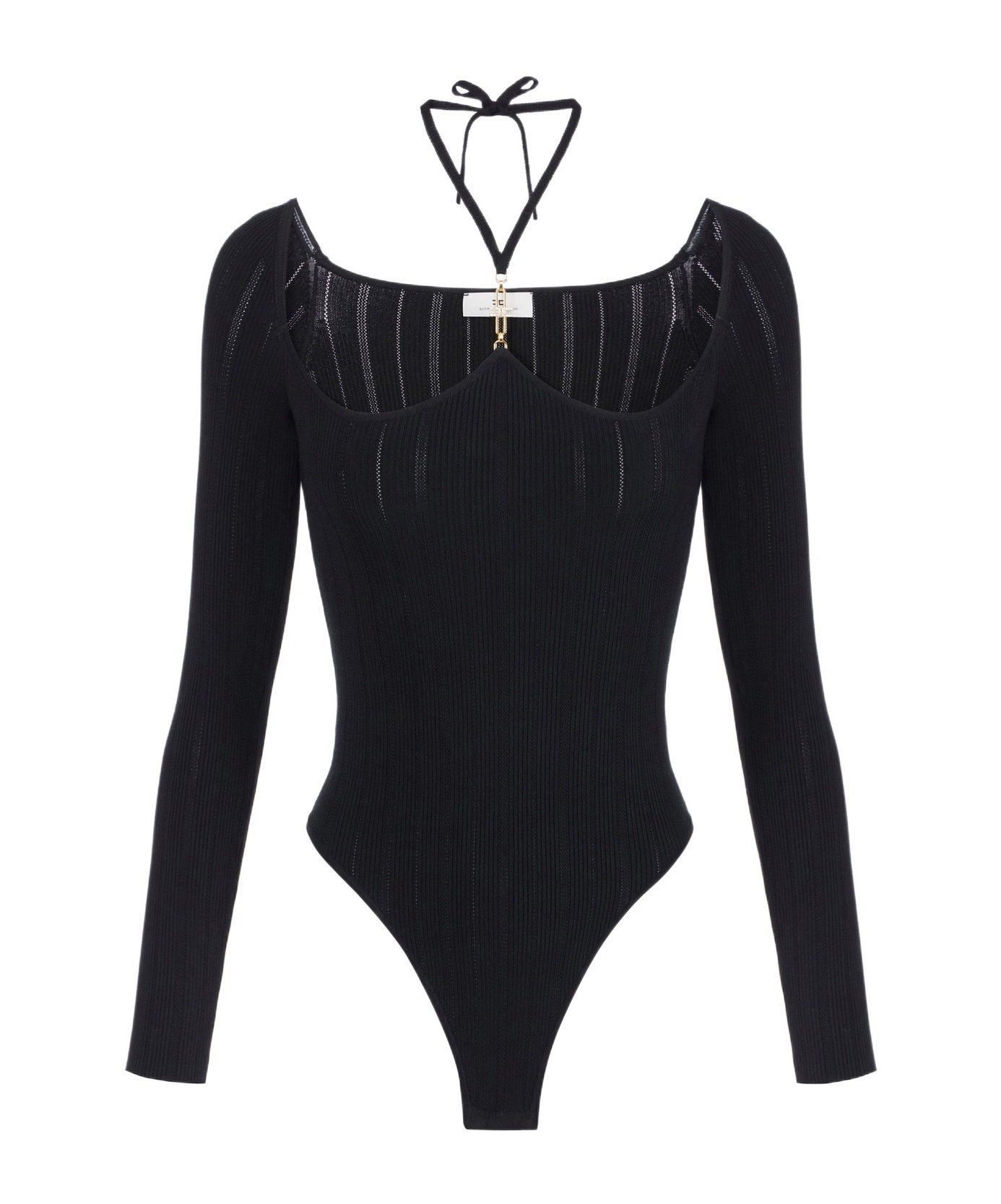 Elisabetta Franchi Bodysuit In Ribbed Knit Fabric With Openwork Details In Black