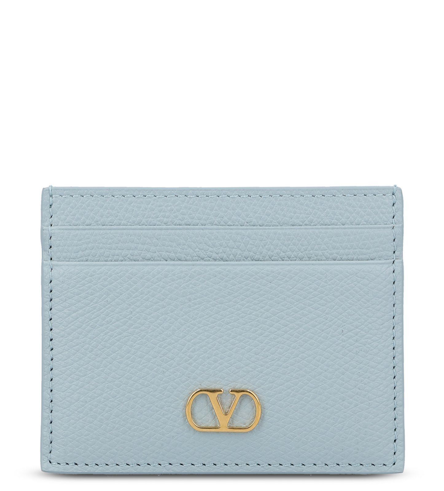 Valentino Blue Vlogo Signature Grainy Calfskin Card Holder In Gray