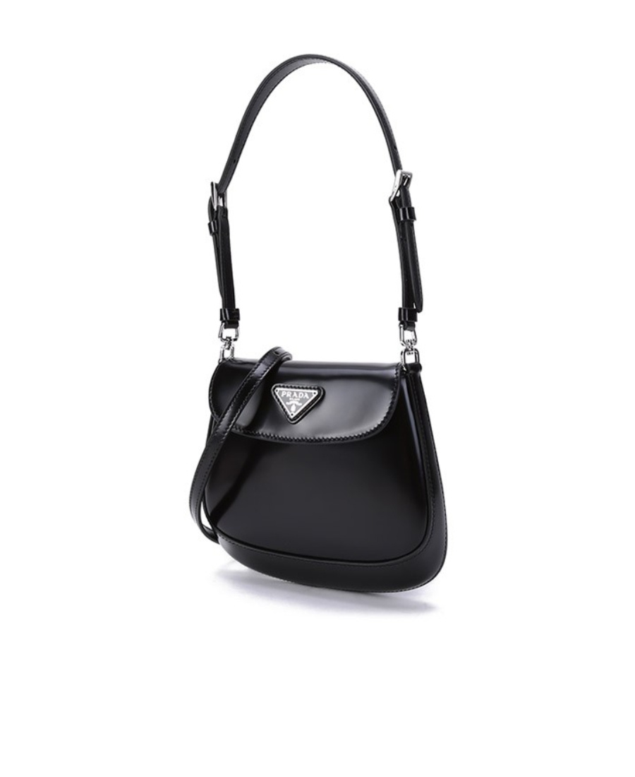 Prada Cleo Glossy Leather Mini Logo Shoulder Bag In Black