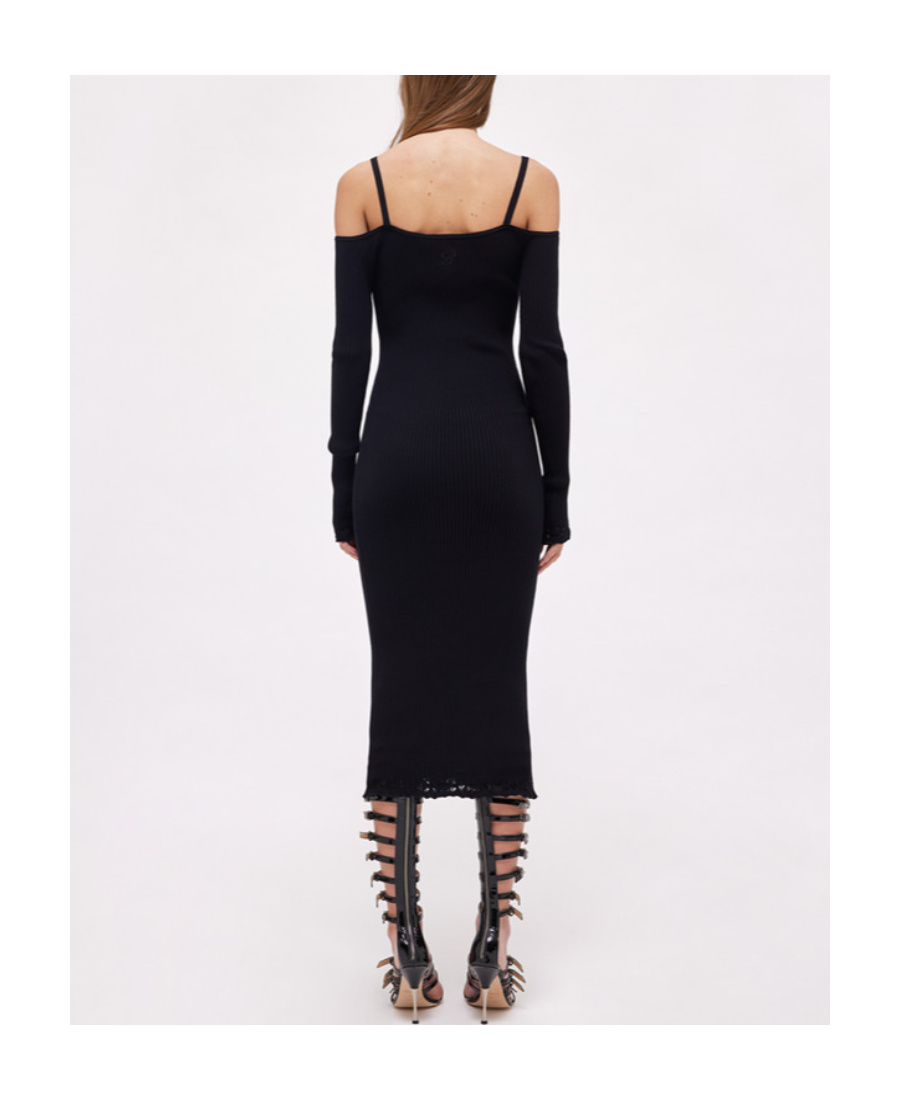 Blumarine Off-shoulder Ribbed Midi Dress In Black