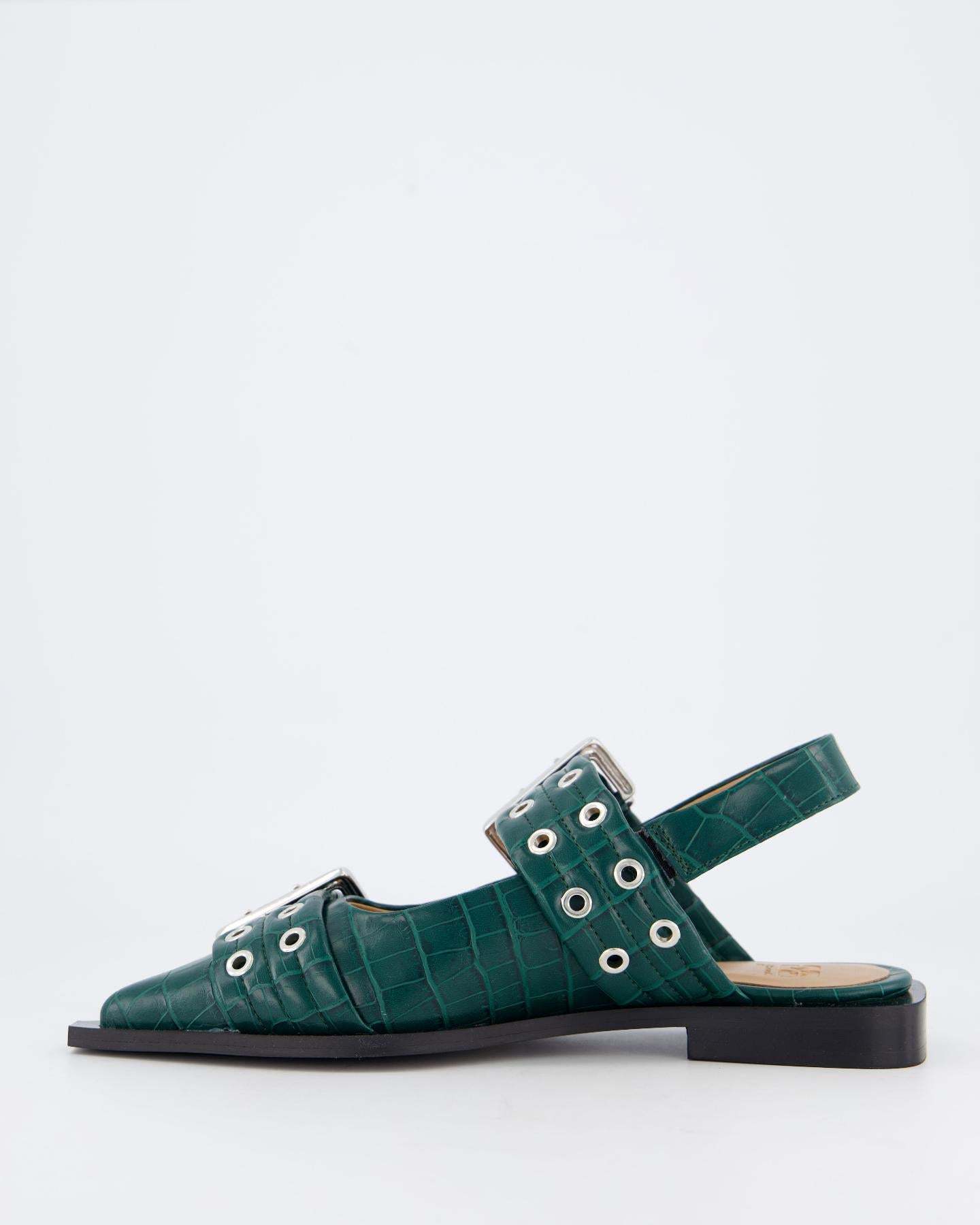 Ganni Thick Buckle Ballet Shoes In Green