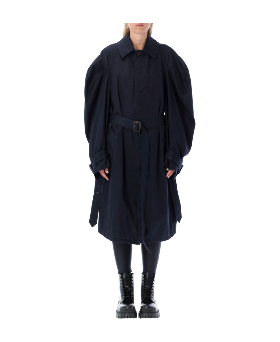Balenciaga Twisted Puff-sleeves Cotton Trench Coat In Blue