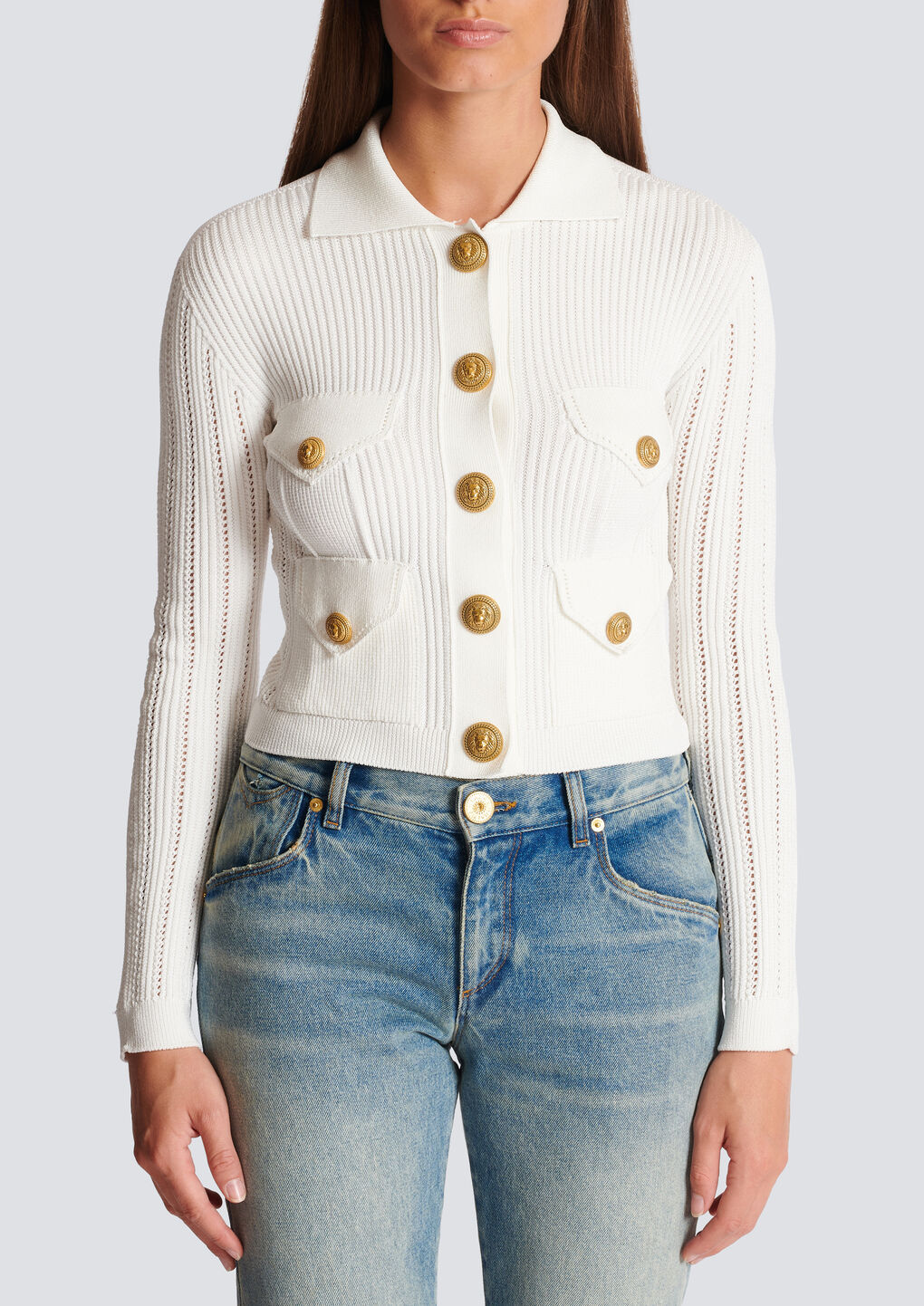 Shop Balmain Buttoned Knit Cardigan In White