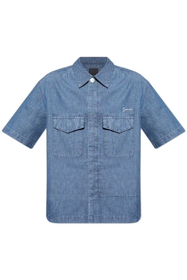 Givenchy Signature Logo Short-sleeved Denim Shirt In Blue