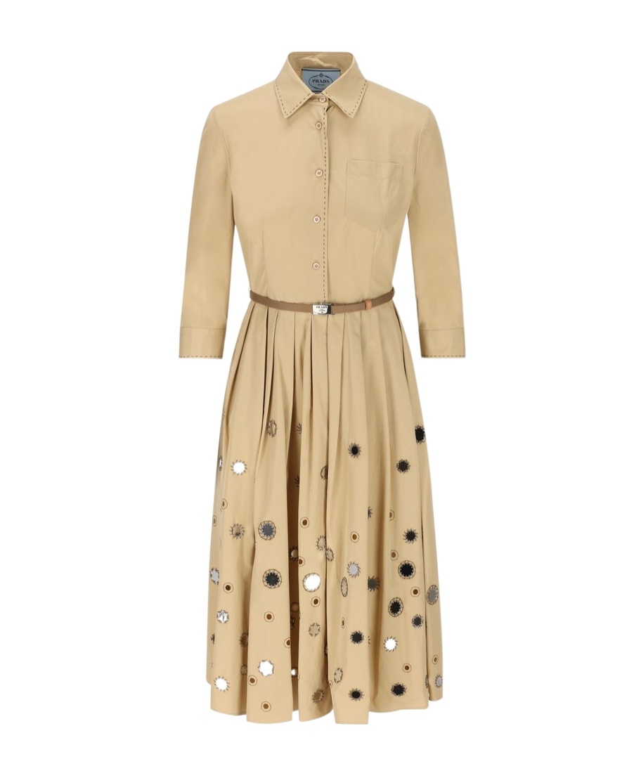 Prada Mirror Embellished Belted Midi Dress In Brown