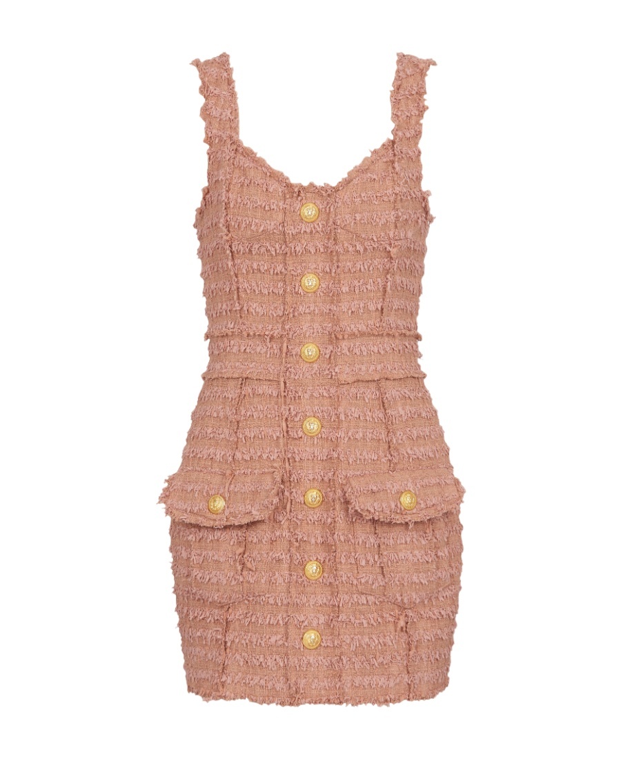 Balmain Button-embossed Strapped Tweed Short Dress In Nude
