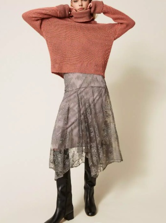 Twinset Lace Asymmetric Midi Skirt In Gray