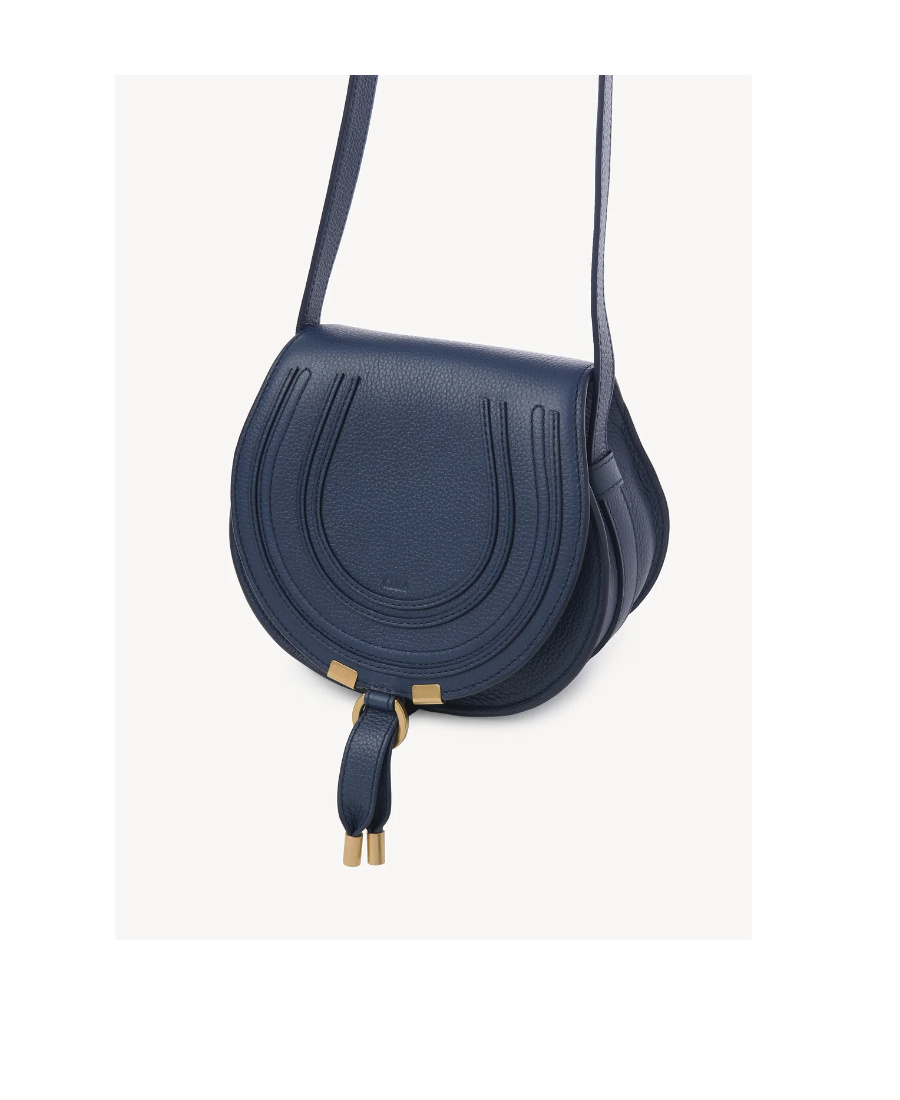 Chloé Marcie Small Leather Shoulder Bag With Logo Engraving In Blue