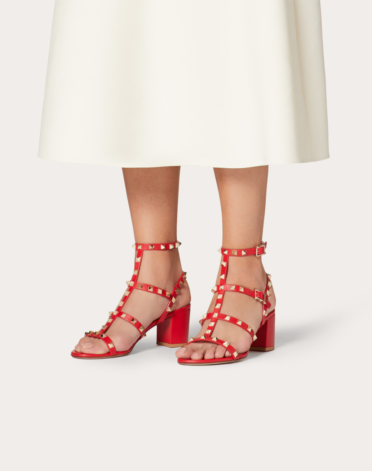 Valentino Garavani Red Leather Rockstud Sandal With Pyramid Studs And Block Heel In Red