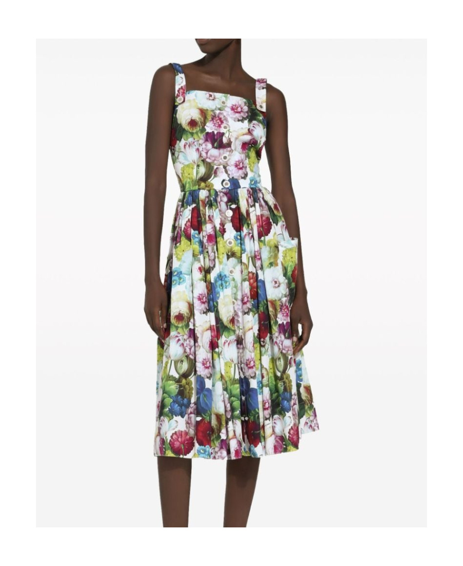 Dolce & Gabbana Midi Multicolor Dress With All-over Floreal Print And Flared Skirt In Cotton Woman In Multicolor