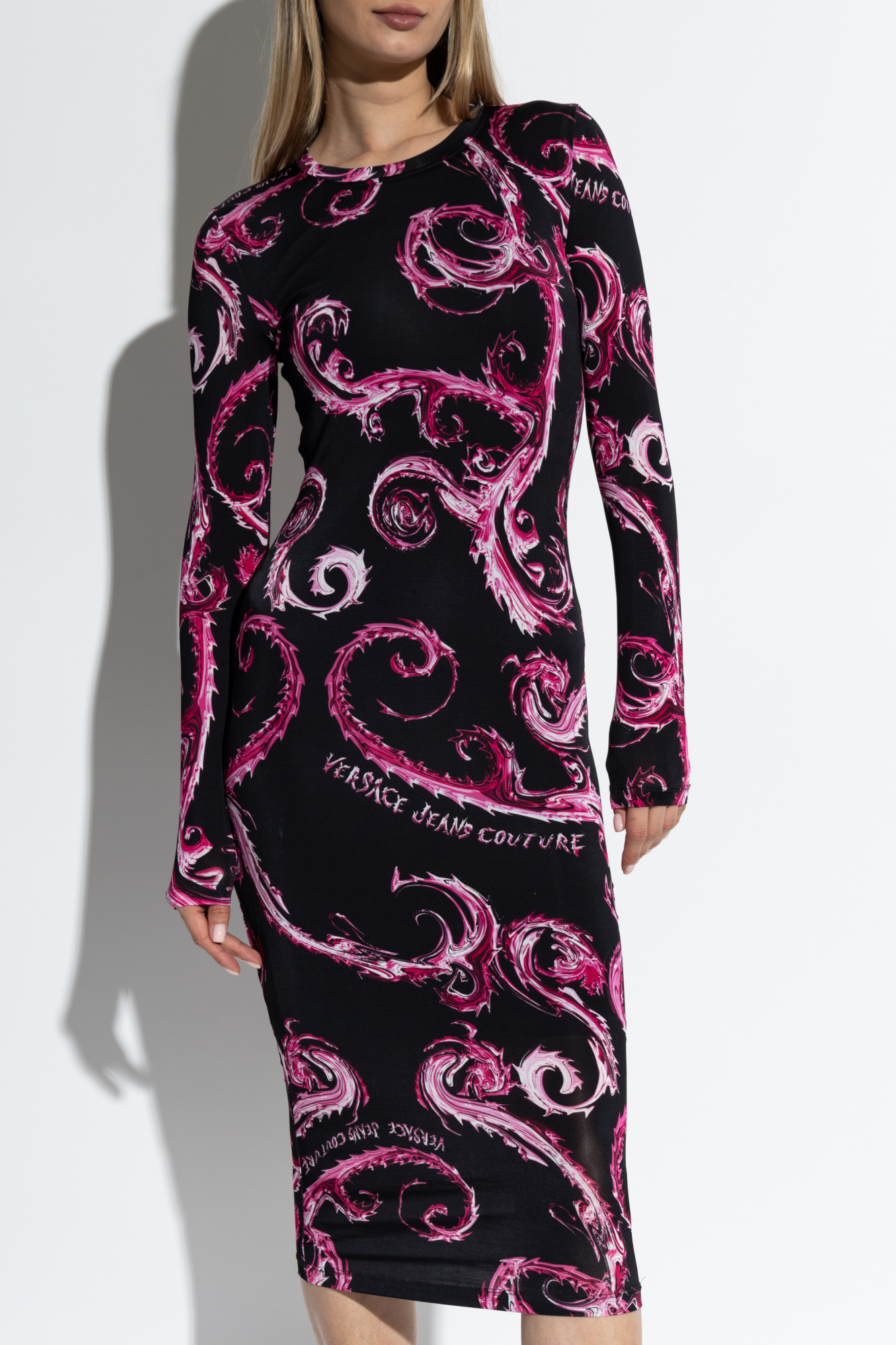 Versace Jeans Chromo Couture-print Midi Dress In Black