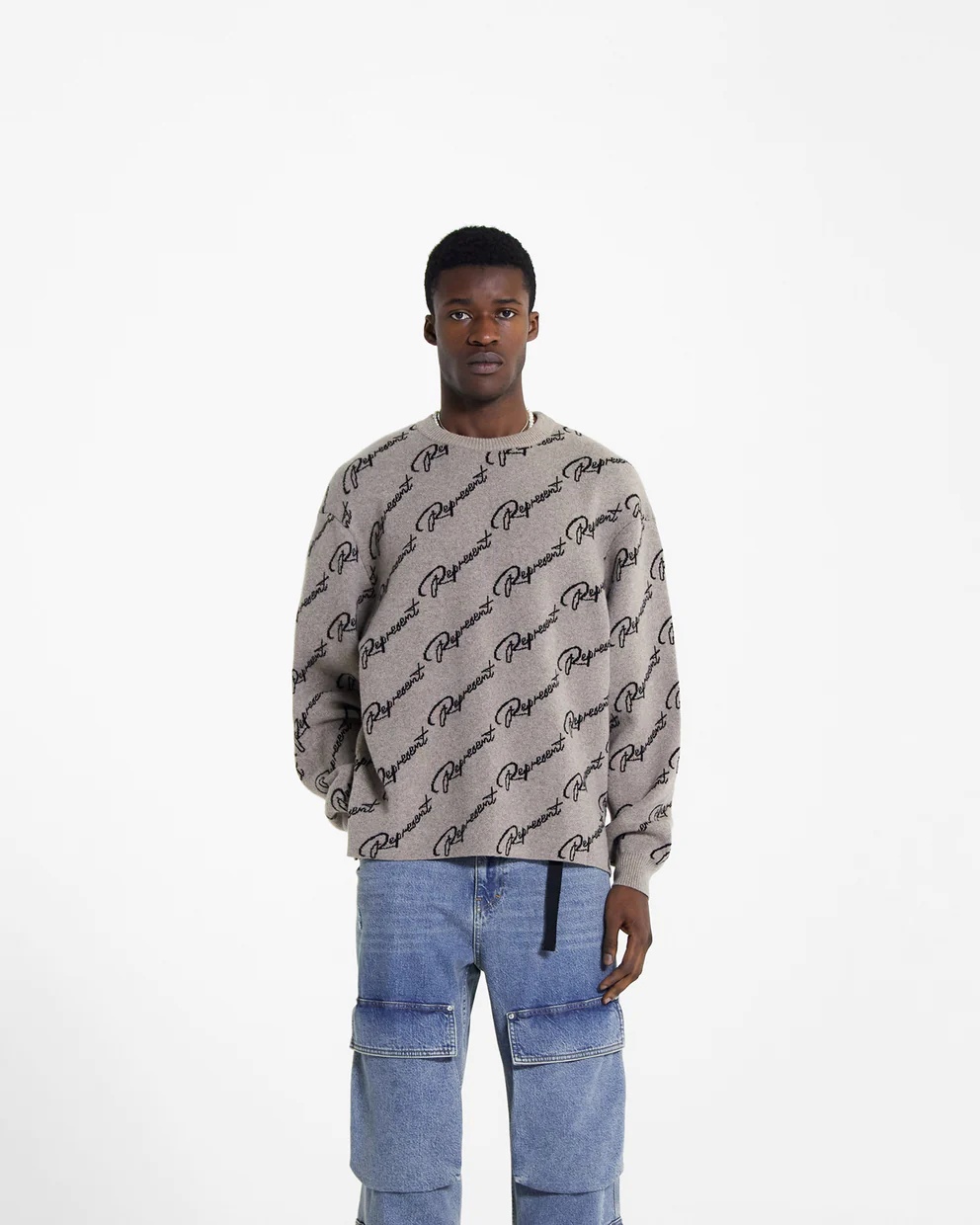 Represent Long-sleeved Jacquard Sweater With Round Neck In Gray