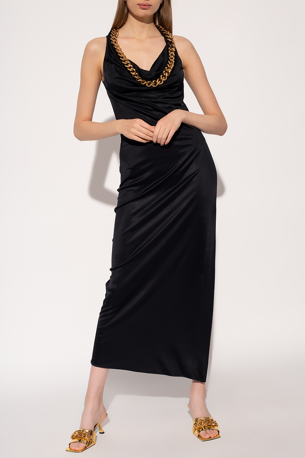 Versace Cutout Chain-embellished Satin Maxi Dress In Black