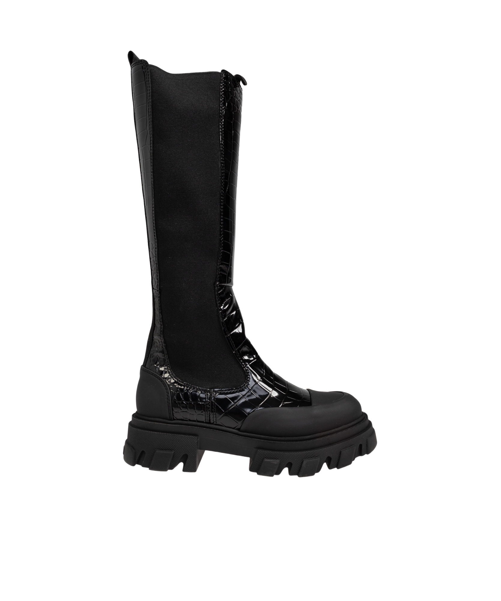 Ganni 50mm Crocodile-embossed Knee-high Boots In Black