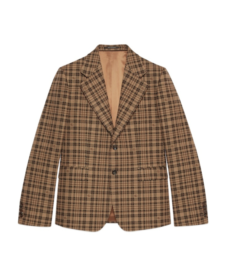 Gucci Double G Check-pattern Wool Blazer In Brown