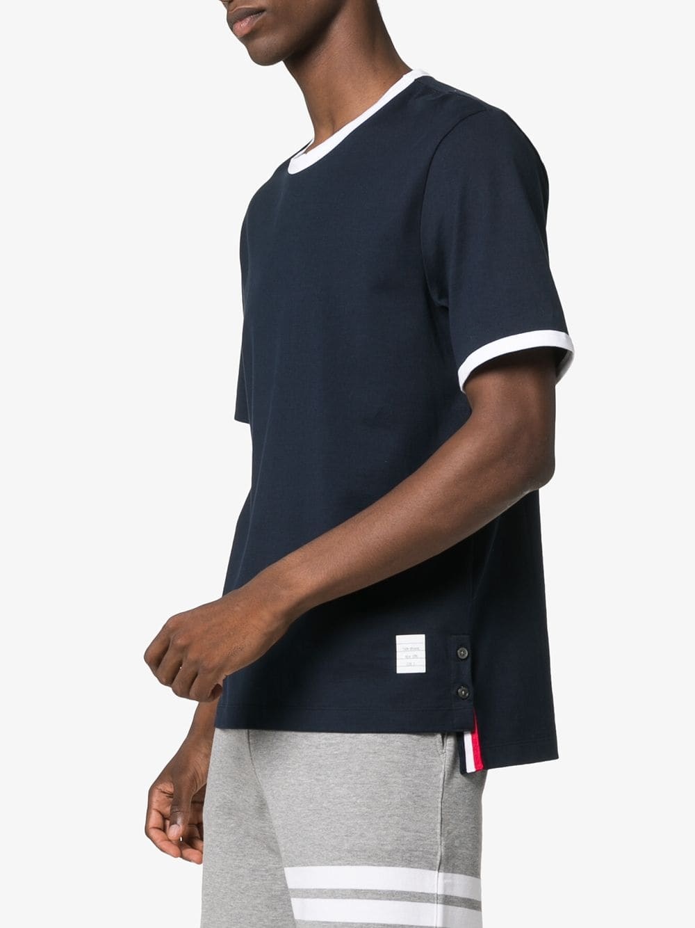 Thom Browne Mens Navy Ringer Brand-patch Stretch-wool T-shirt In Black