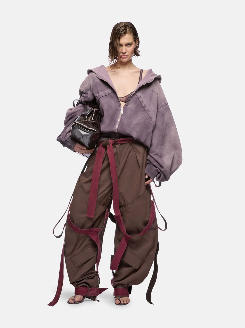 Attico Brown Pants With Side Zip Pockets And All-over Applied Bands In Cotton Blend Woman In Brown