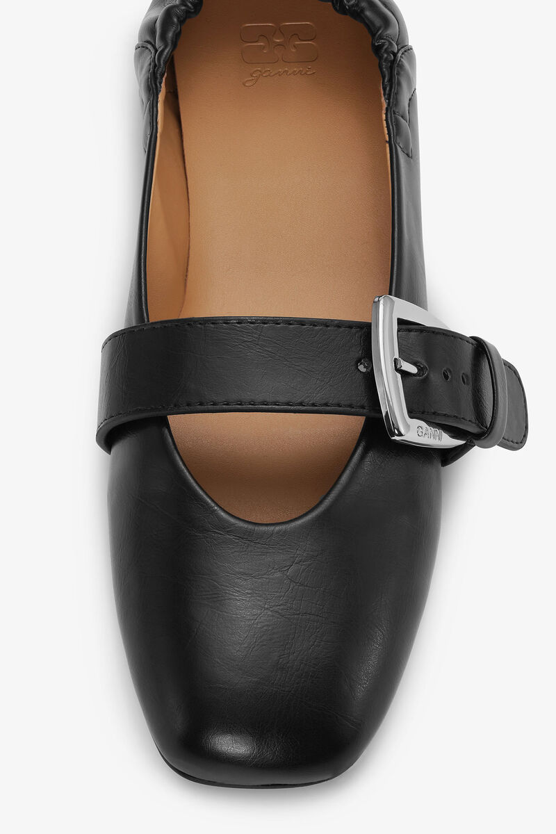 Ganni Buckle Strap Ballerinas With Rounded Square Toe In Blue