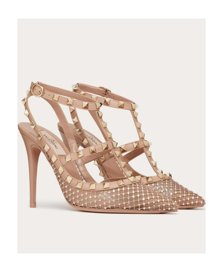 Valentino Garavani Rockstud Mesh Pump With Crystals And Straps 100mm Woman Rose Cannelle 40 In Nude