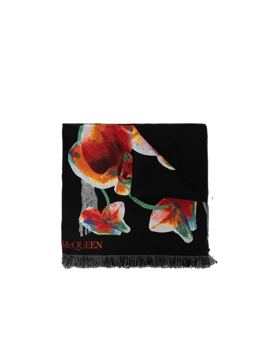 Alexander Mcqueen Orchid Skeleton Stole Wool-blend Scarf In Black