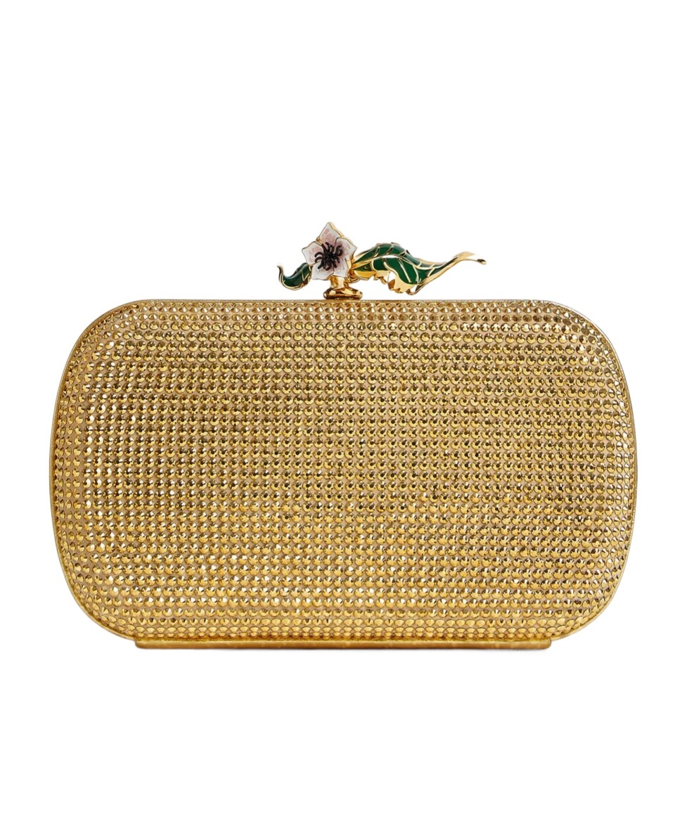 Bottega Veneta Knot Mini Embellished Suede Clutch In Gold