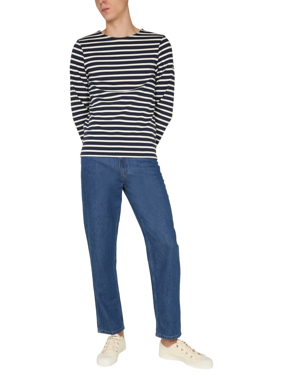 Saint James Cotton Crewneck Embroidered Striped T-shirt In Black