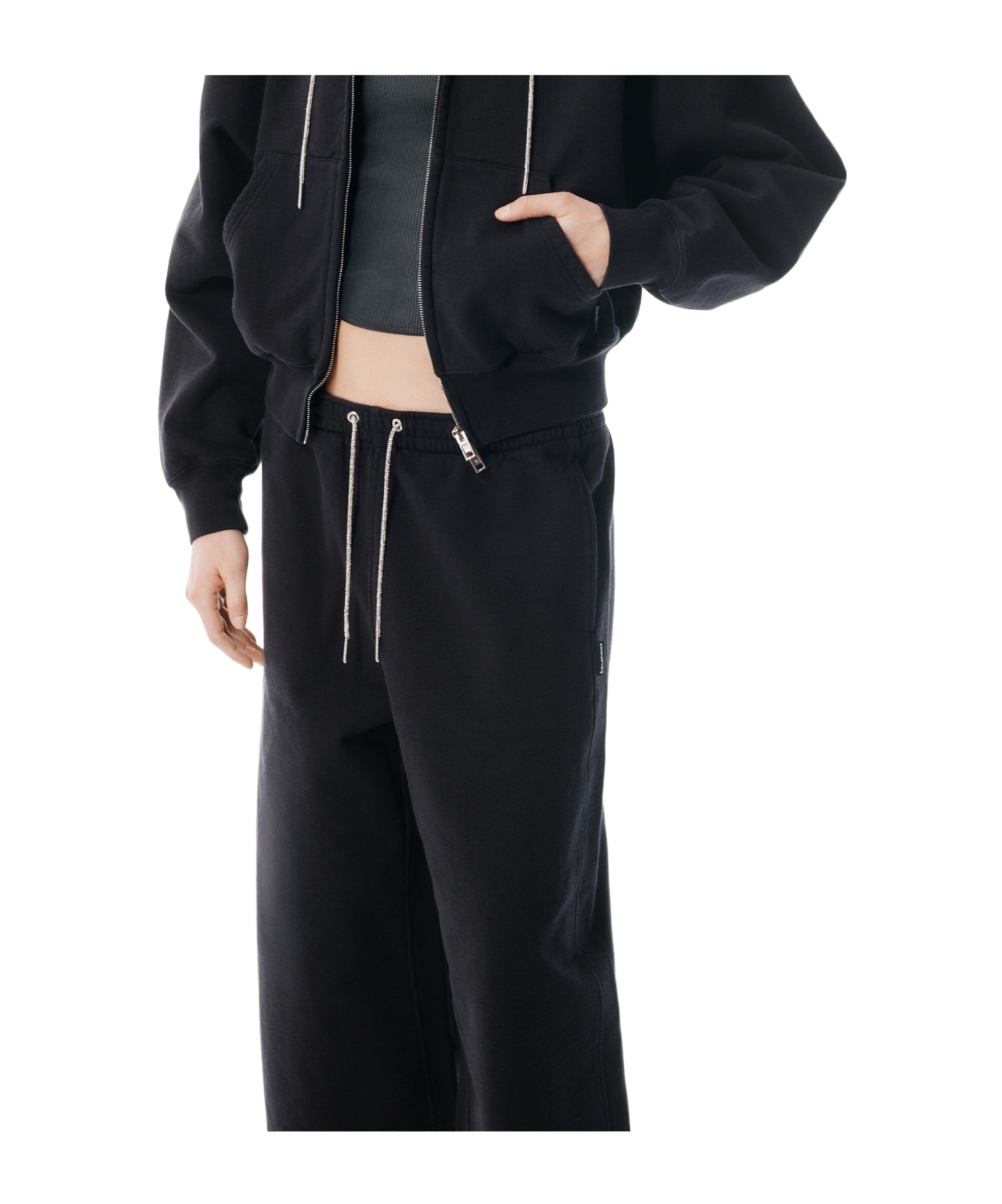 Alexander Wang Black Cotton Terry Sweatpant With Crystal Hotfix Drawcord In Black
