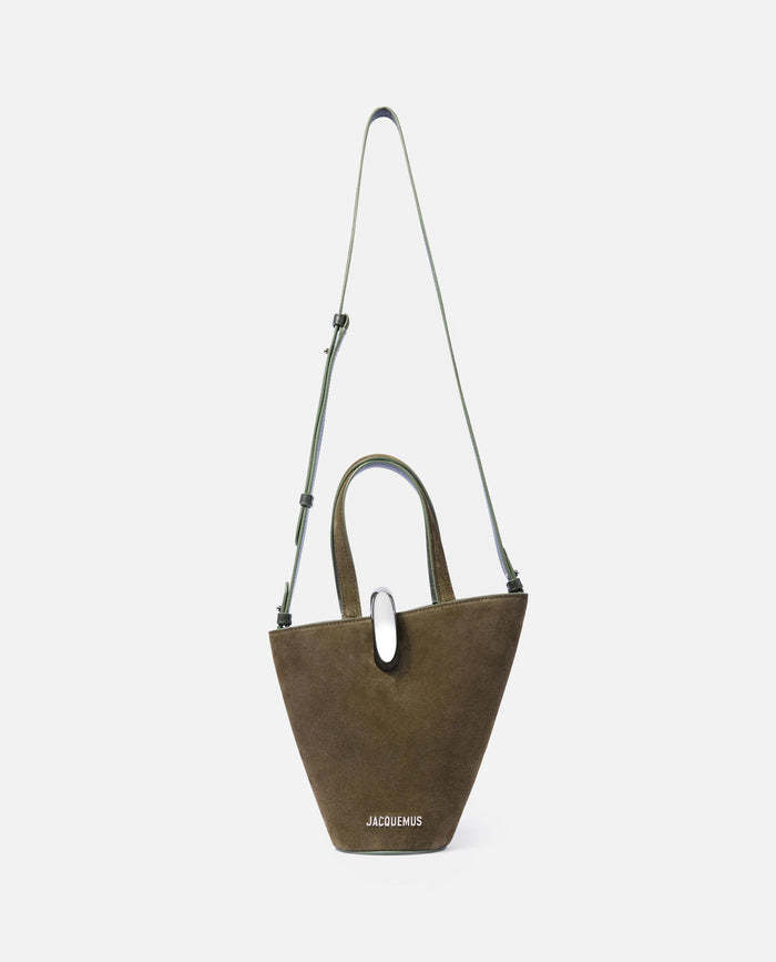 Jacquemus Asymmetric Suede Mini Bucket Bag In Green