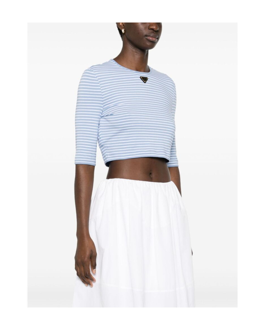 Prada Logo Cotton-blend Crop Top In Blue