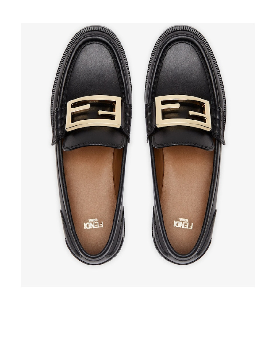 Fendi Black Leather Baguette Loafers With Gold-tone Buckle Detail In Black