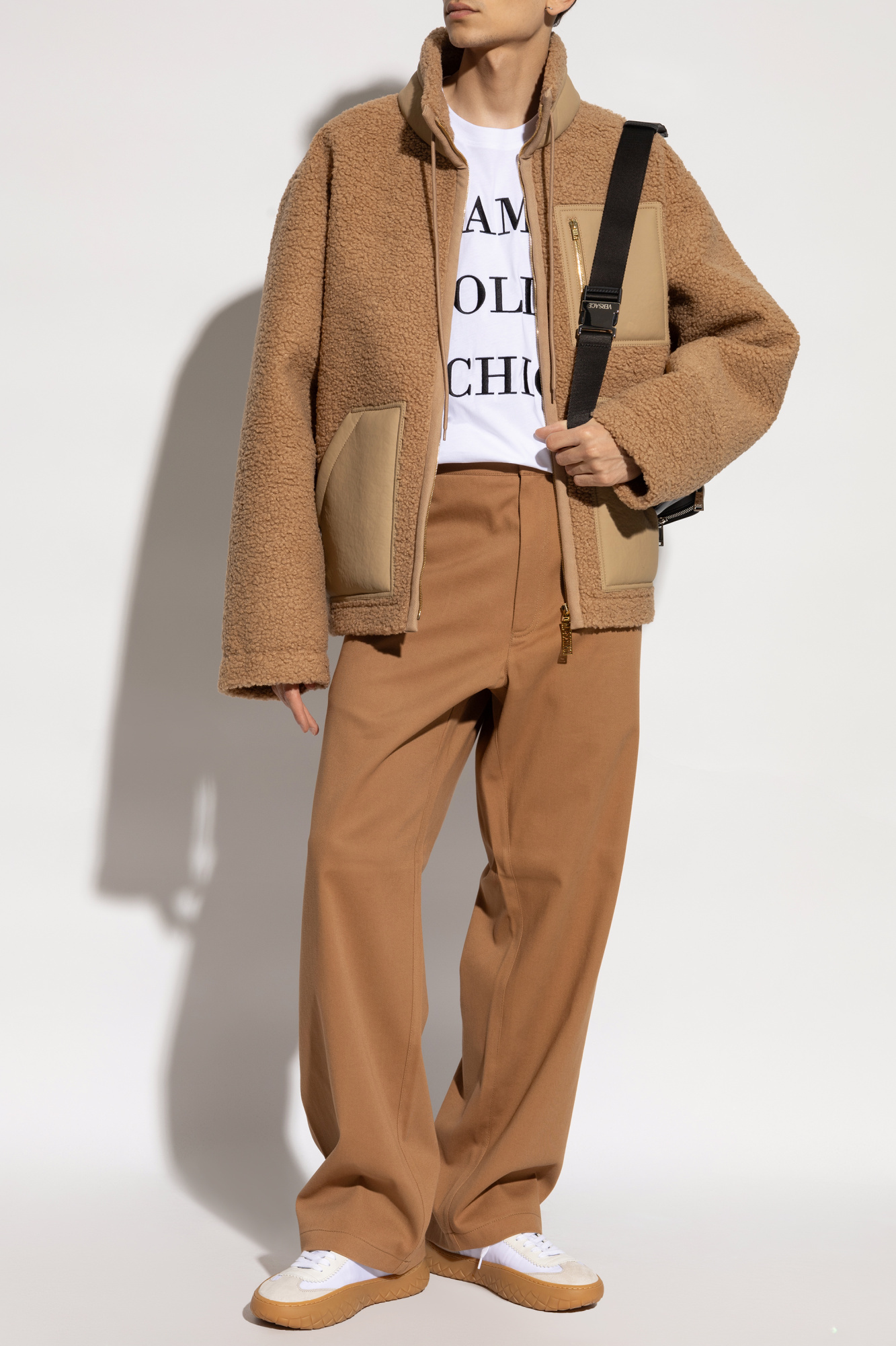 Moschino Stand-up Collar Shearling Jacket In Brown