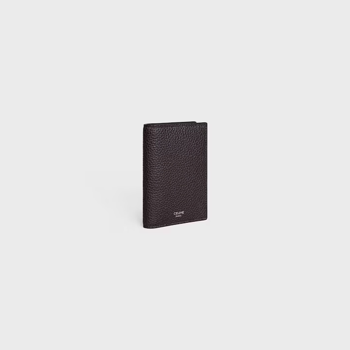 Celine Vertical Card Holder In Grained Calfskin In Gray