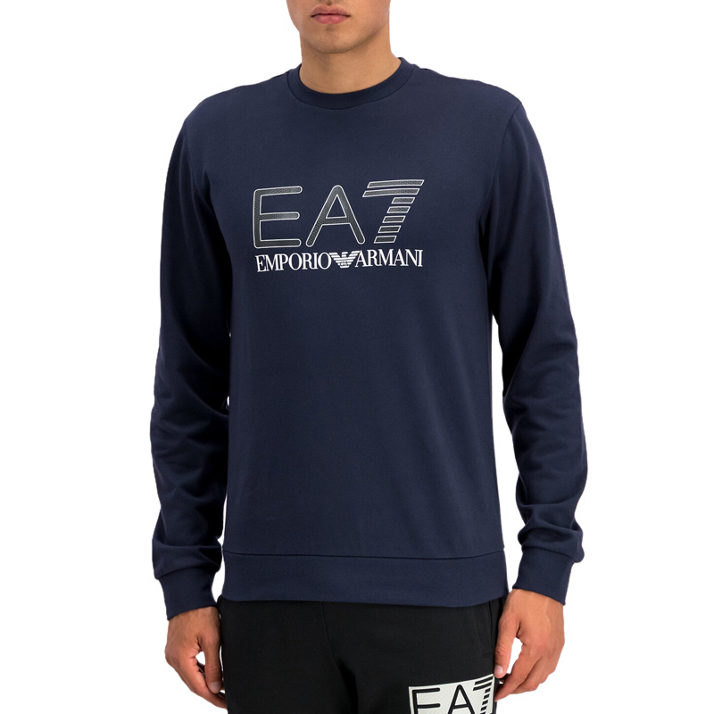 Ea7 Round Collar Long Sleeve Sweater In Black