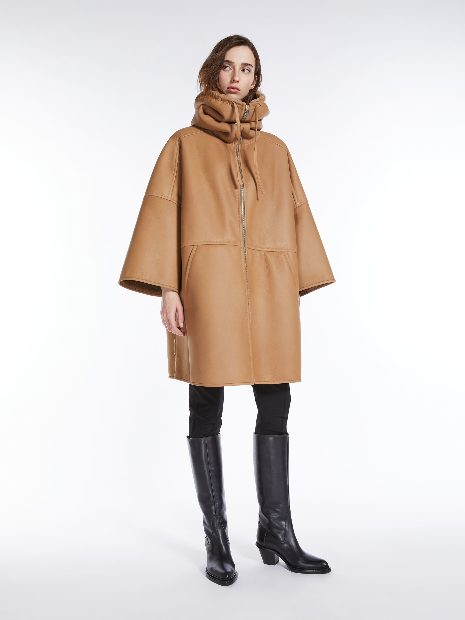 Max Mara Shearling-trim Cape Coat In Nude