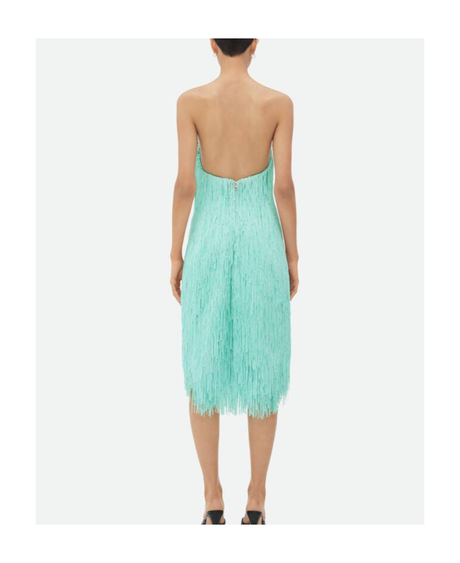 Bottega Veneta Sky Blue Fringed Midi Dress In Green