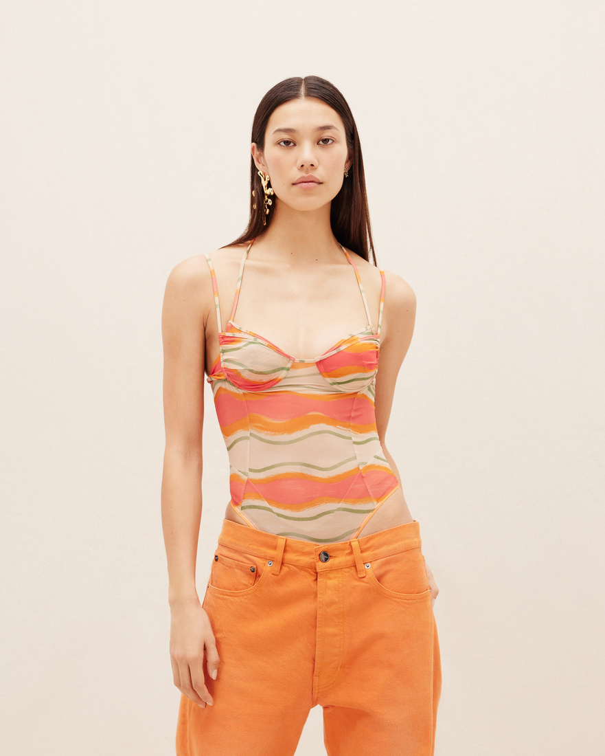 JACQUEMUS GRAPHIC-PRINT MESH BODYSUIT