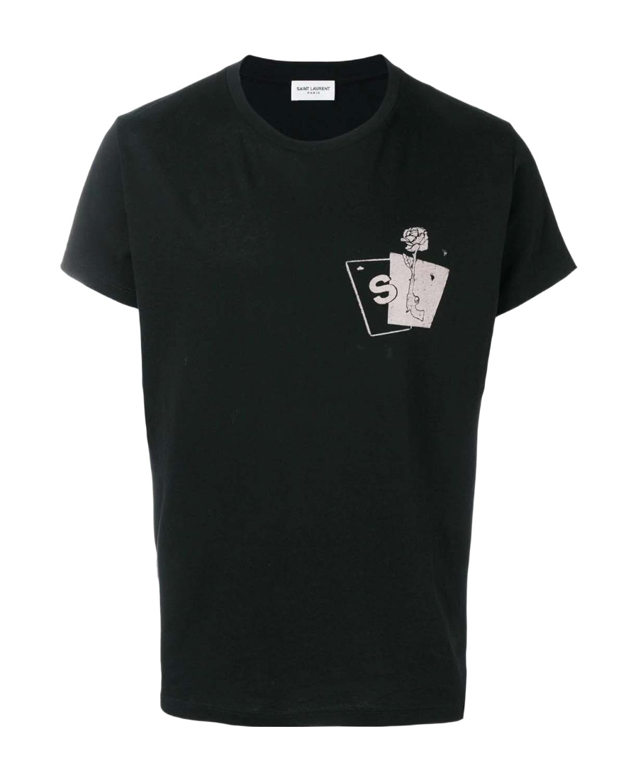 Saint Laurent Cotton Pistol Rose Print T-shirt In Black
