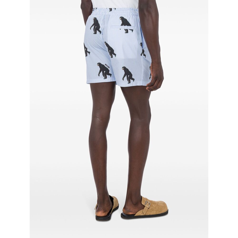 Moschino Striped Poplin Bermuda Allover Chimpanzee In Blue