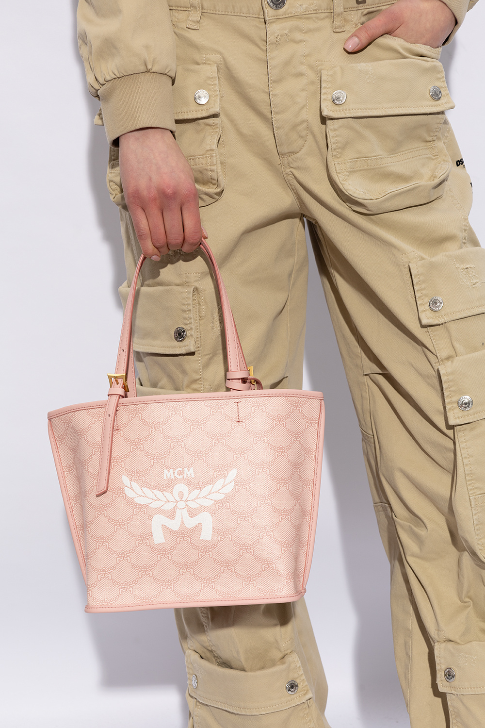Mcm Mini Himmel Lauretos Monogram Pattern Tote Bag In Nude