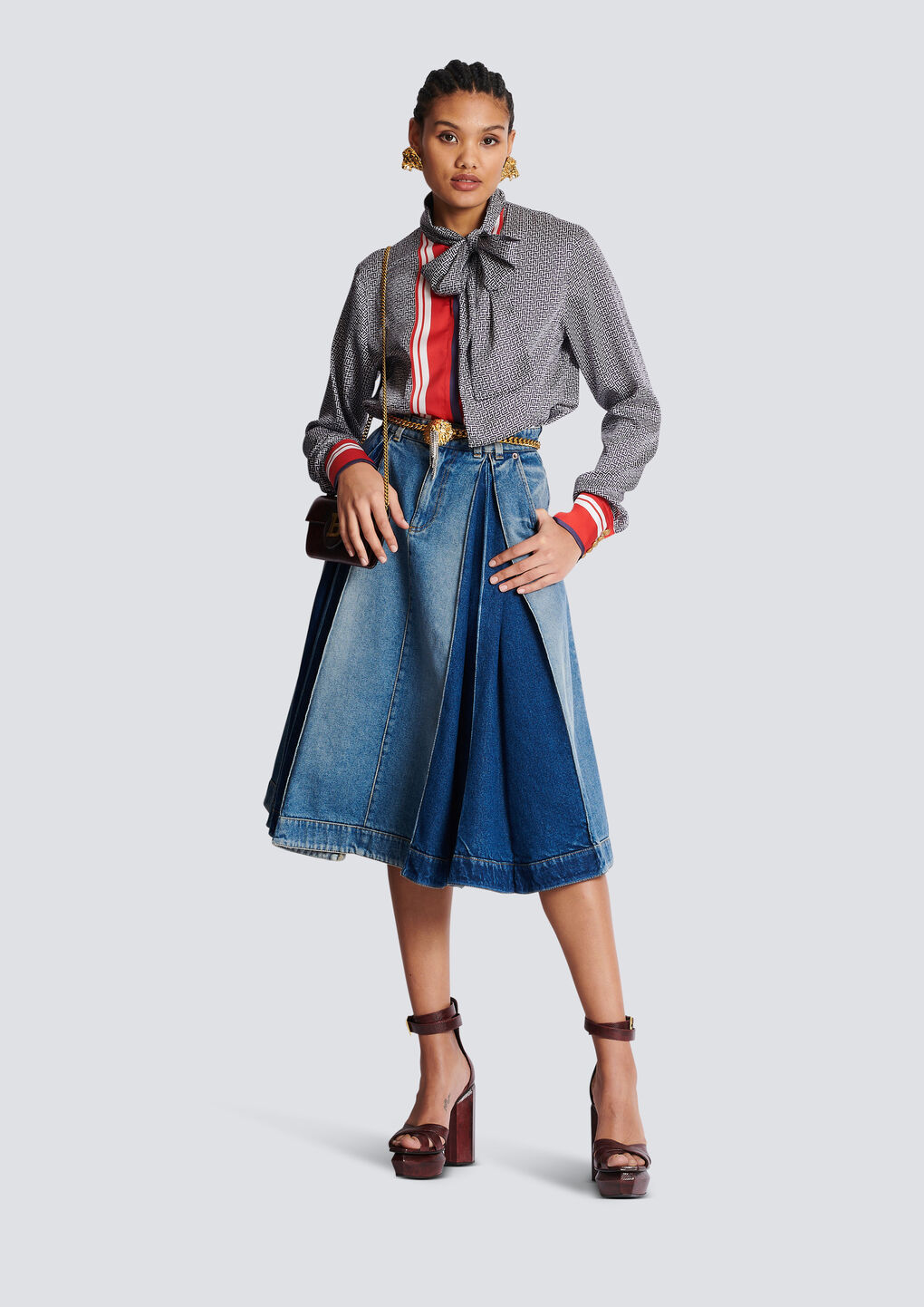 Balmain Pussy-bow Monogram-printed Shirt In Gray