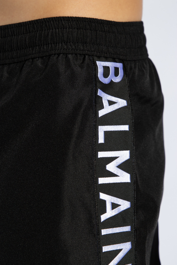 BALMAIN LOGO-STRIPE SWIM SHORTS