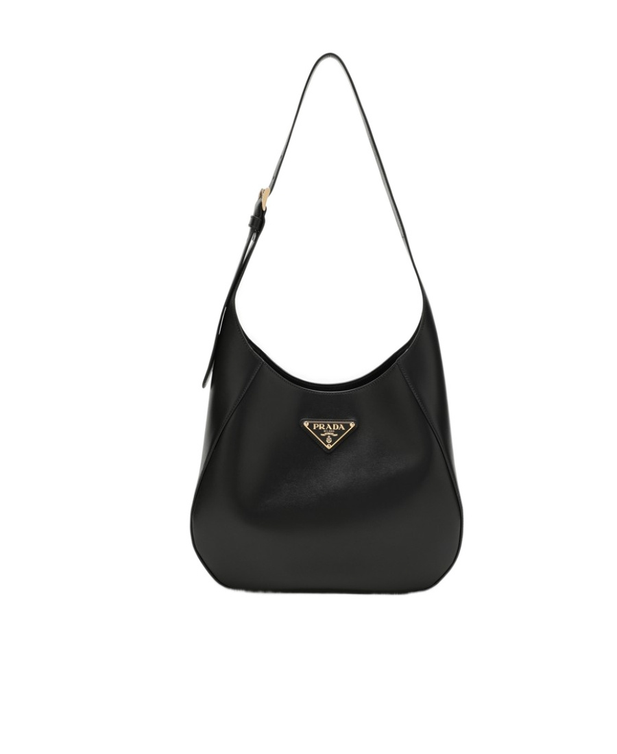 Prada Leather Shoulder Bag With Triangle Logo In Black